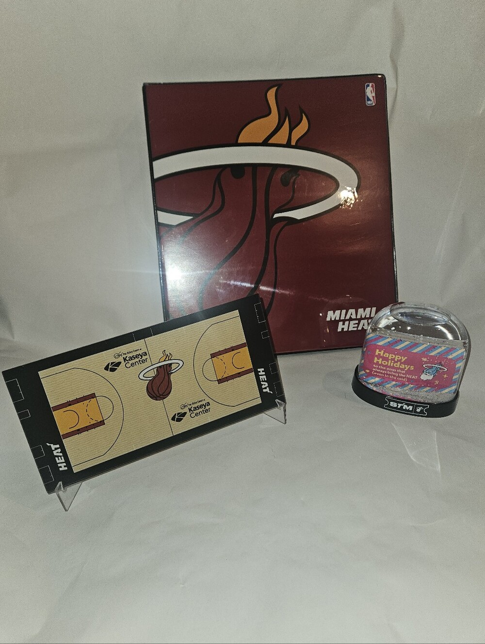 Miami Heat Gift Set. 3 Ring Binder, Court Plaque with Stand & Picture Snow Globe